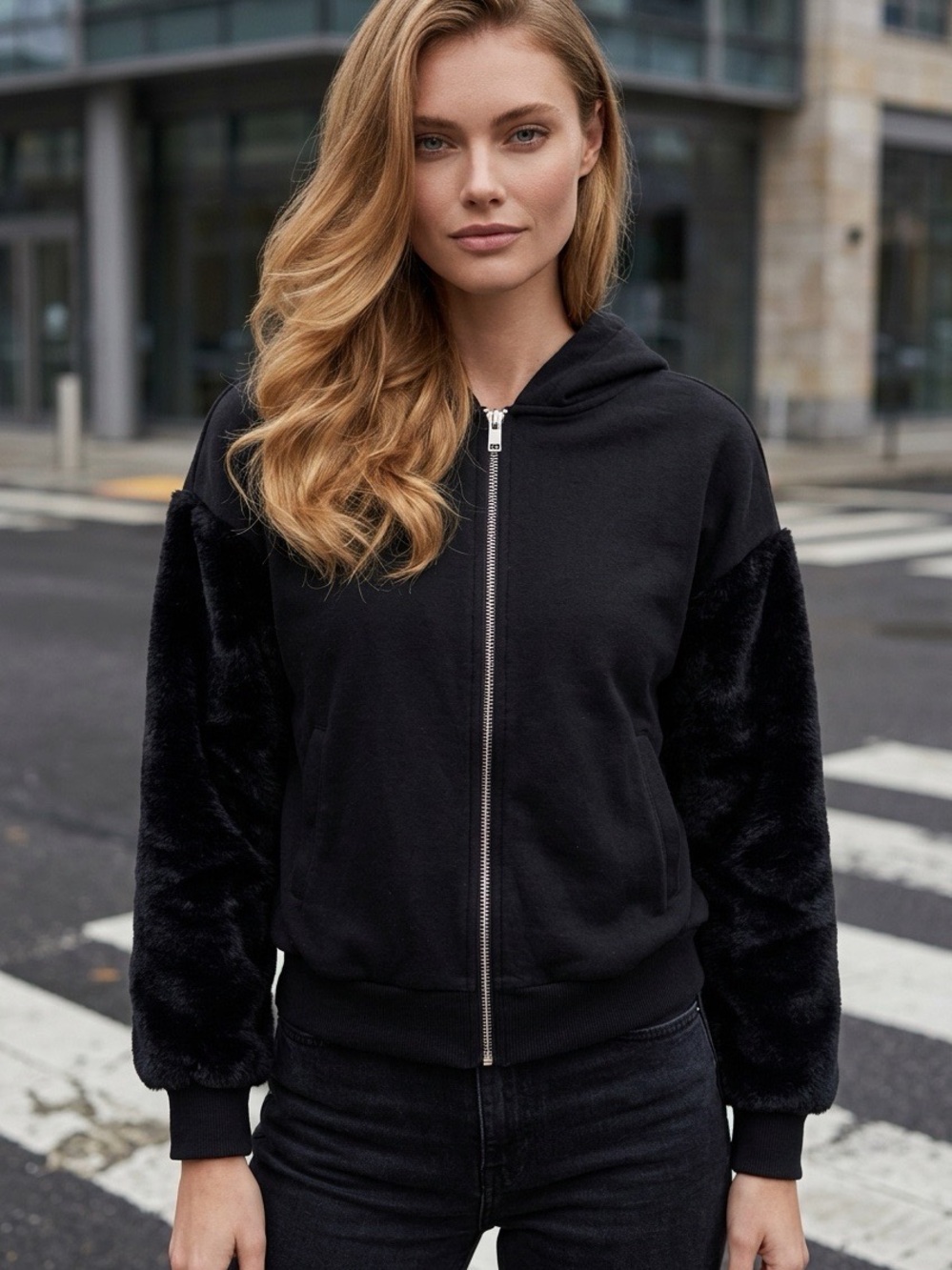 RD Style Women's Black Zip-Up Hoodie Jacket with Faux Fur Sleeves